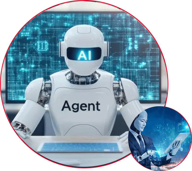 AI agent robot in front of a data screen
