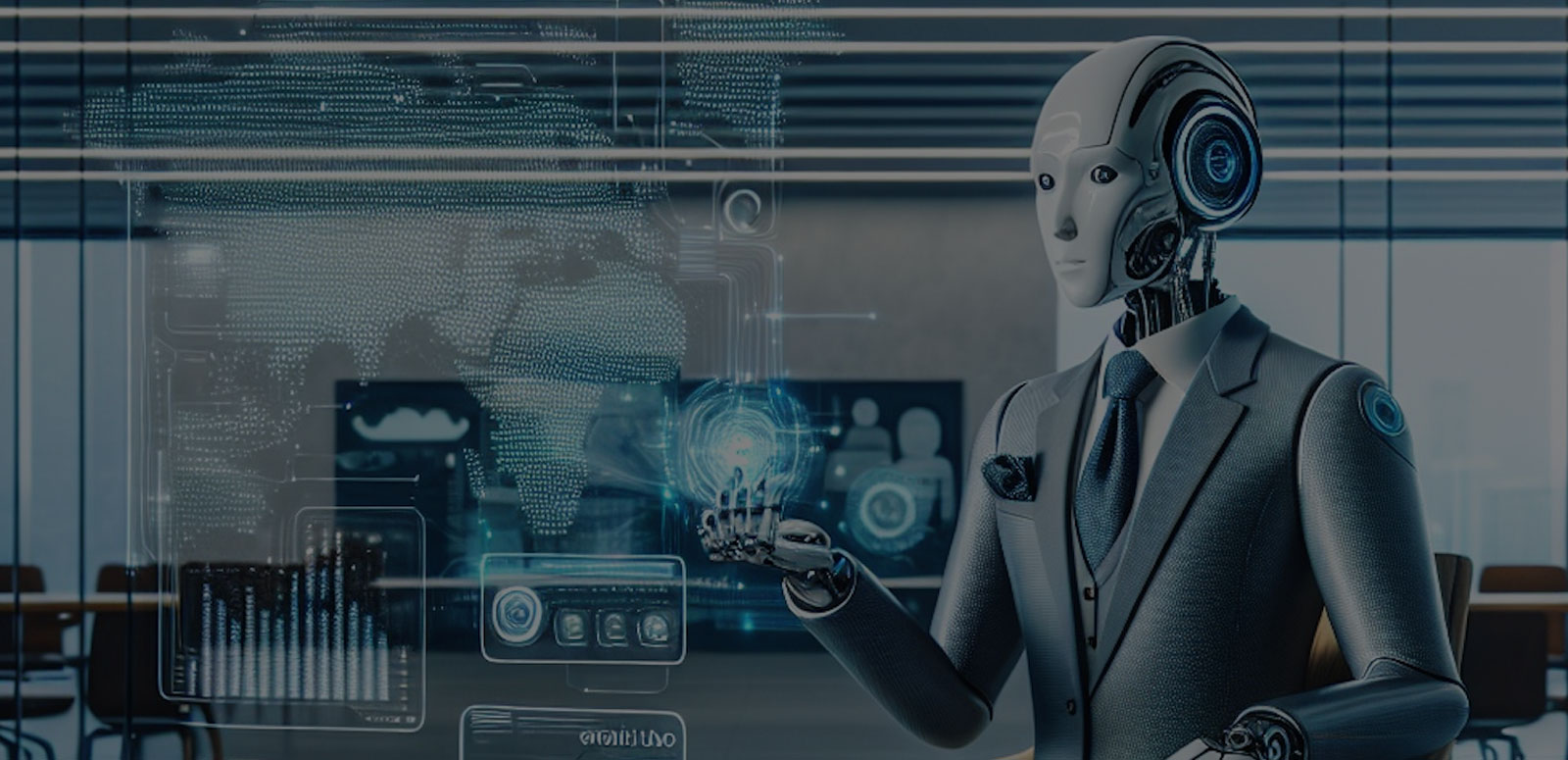 Humanoid AI agent at work in an office