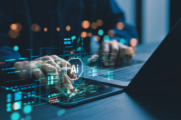 Hands on a laptop with a data interface overlay