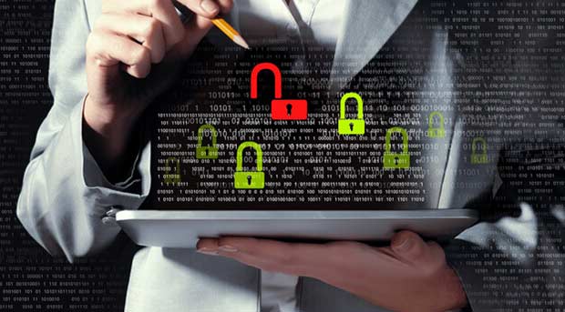 Laptop with security alerts and padlocks