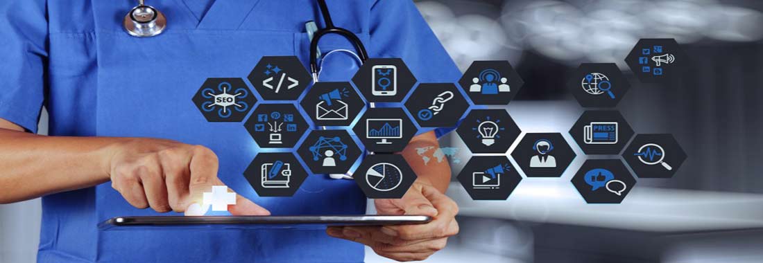 Clinician using a tablet with telehealth icons