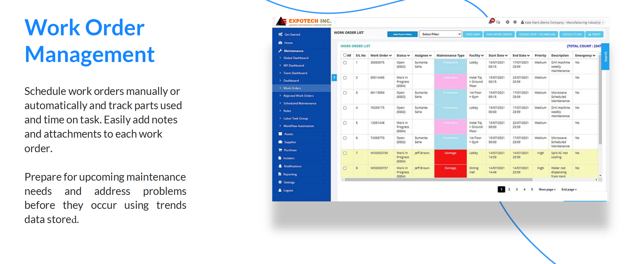 RevIT ERP work order list screen